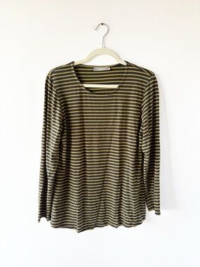 Alembika Long Sleeve Striped Top Navy Blue Olive Green Round Neck Layering Tee